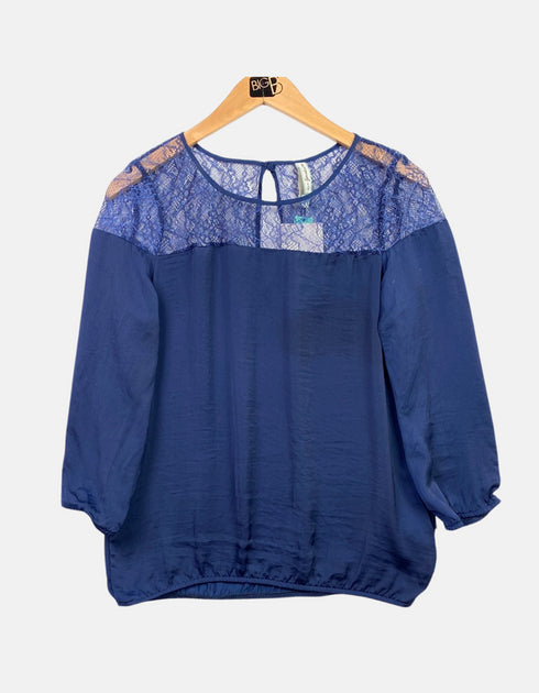 Navy Blue Lace Yoke Blouse with 3/4 Sleeves